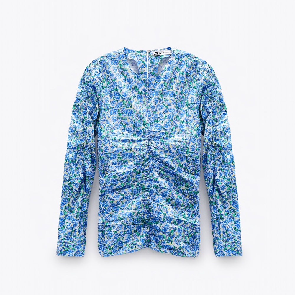 NWT Zara Blue White Floral Cotton Long Sleeve Top XS Garden Party - Picture 9 of 15